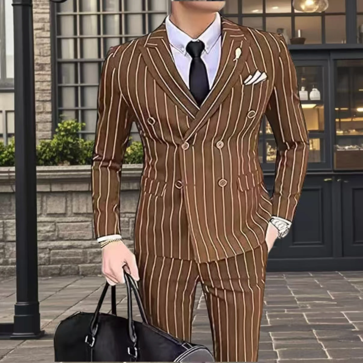 2 Piece Suit Slim Fit Mens Set Double-breasted Pinstripe Suit Set Formal Business Blazer Jacket Pants Wedding