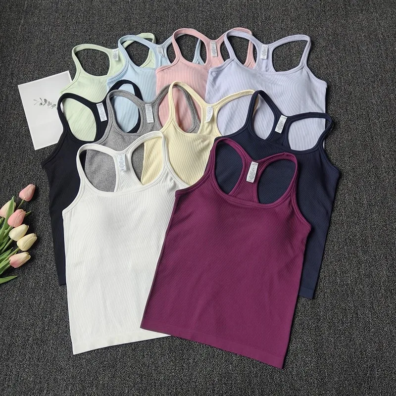 Seamless Sports Vest with Chest Pad Shockproof Quick-drying Running Underwear Stretch I-shaped Yoga Bras Gym Clothing Top Suit