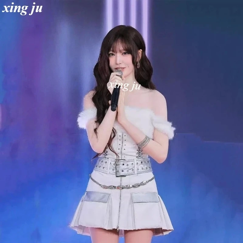 Xing Ju Kpop White Strapless Crop Tops Zipper Tight Skirt Women Singer Jazz Dance Costume Nightclub DJ Stage Performance Outfits