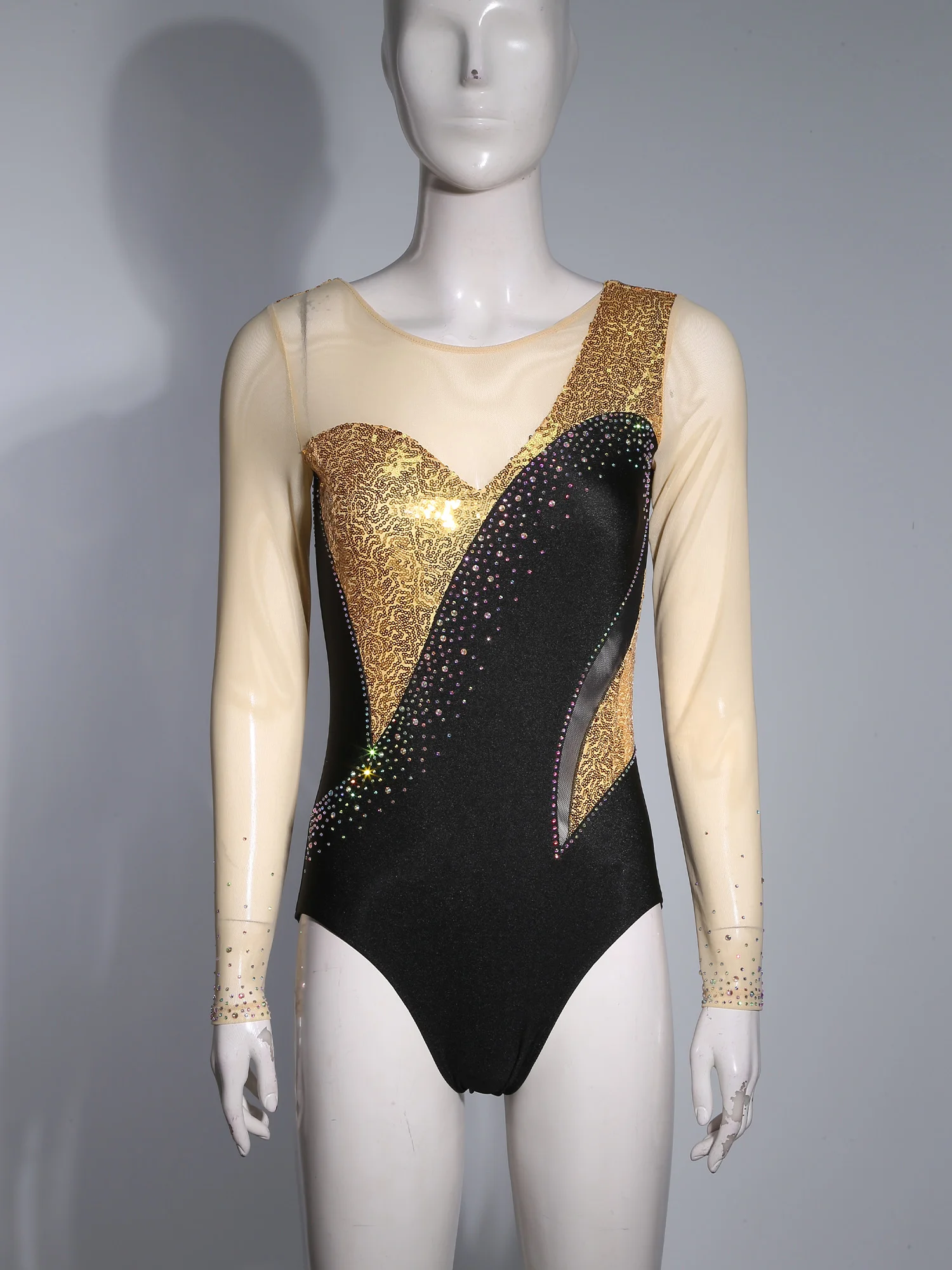 المرأة بقماش شفاف الترتر الباليه الرقص ارتداءها طويلة الأكمام الجمباز الإيقاعي جيرسي يوتار البهلوانية الشكل التزلج بذلة