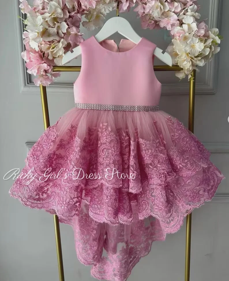 Luxury Pink Flower Girl Dress For Wedding Tulle Beading Lace Princess Kid Birthday Party First Communion Ball Gown Customized