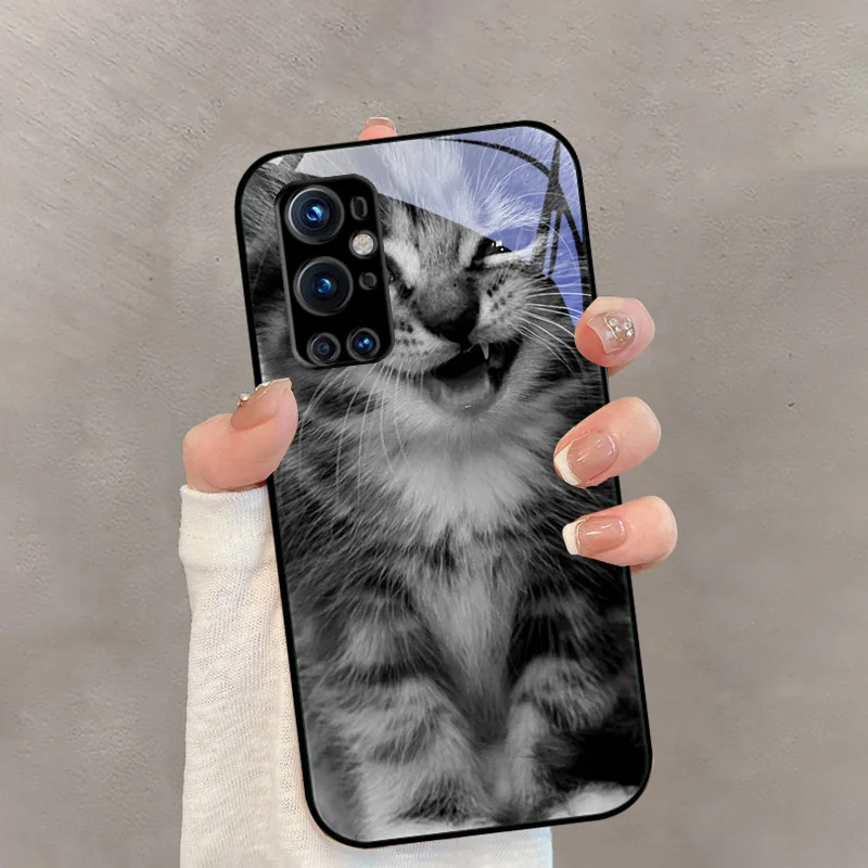 Tempered Glass Case For OnePlus 9 Pro 9R 9RT Black Phone Cover For One Plus 8T 1+ 8 Cute Cartoon Glass Protective Fundas Shells