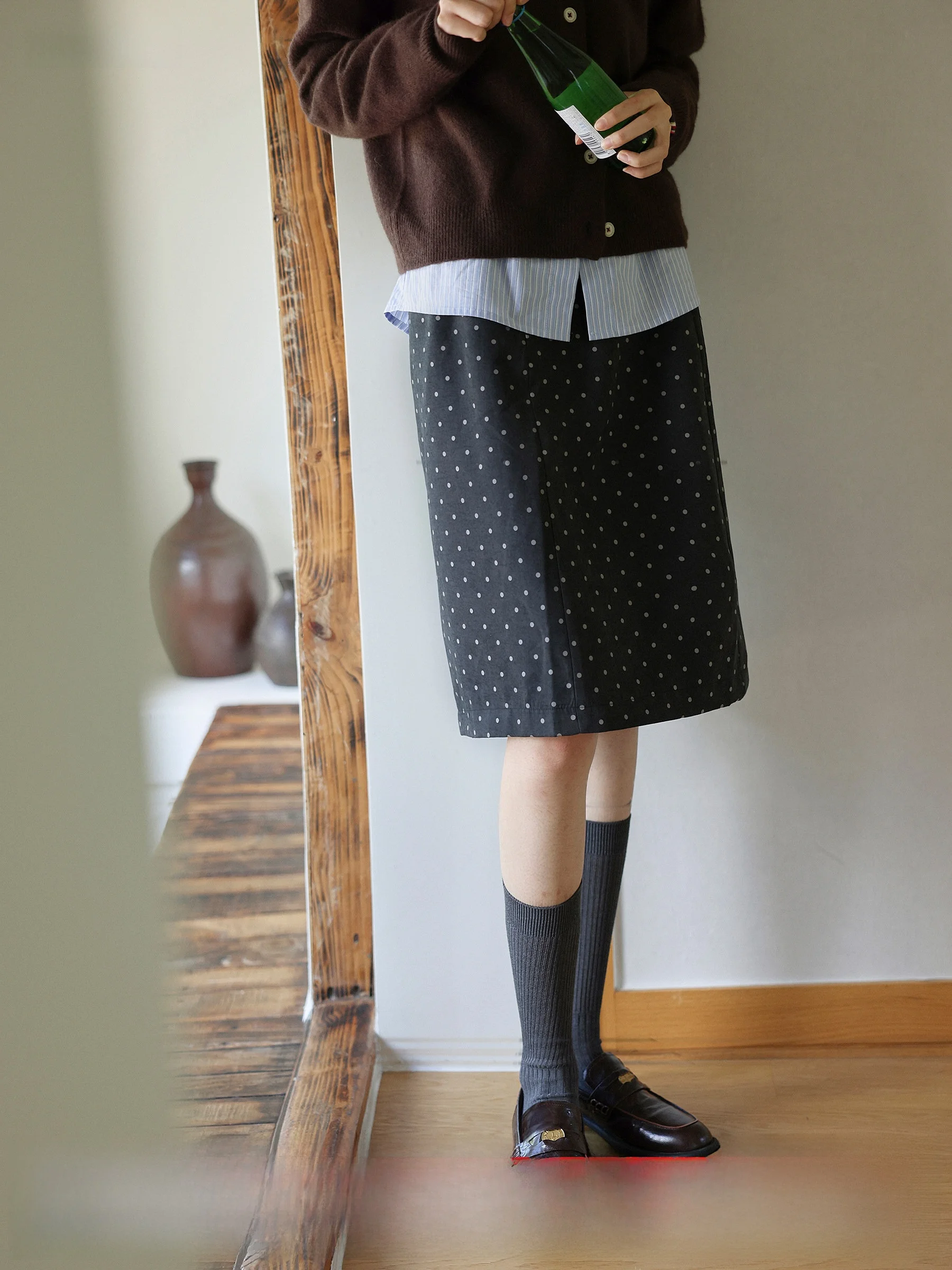 

Ele Hepburn Polka Dot A-Line Midi Skirt Slit Side Casual Polyester Fiber mid Waist Skirt for Women in Daily Life