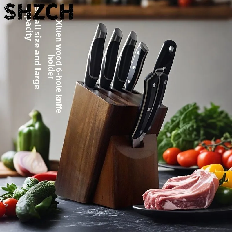 Acacia Wood Knife Block – 6-Hole Countertop Holder with Drainage & Vintage Design – Kitchen/Chef/Outdoor Knife Rack