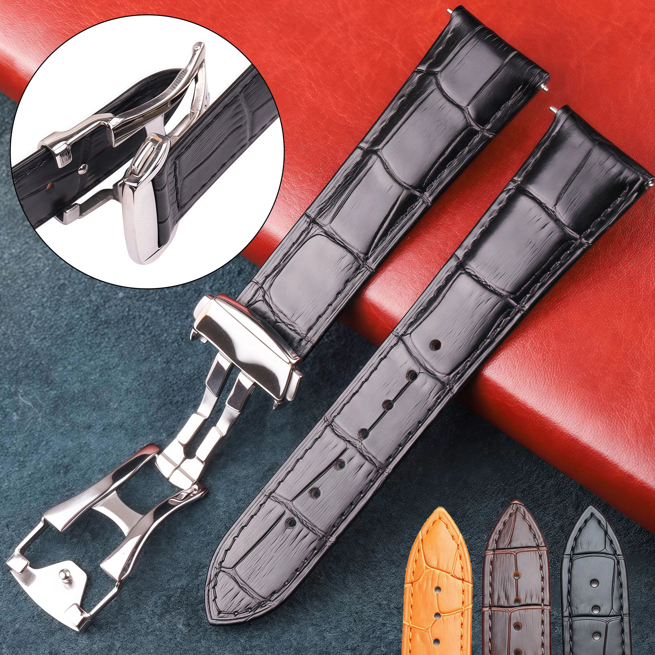 

Genuine Leather Watch Band With Butterfly Clasp 20mm 22mm Strap for Men Women Orange Black Brown Bracelet