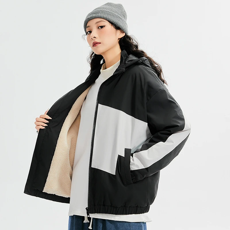 Giacca invernale in pile da donna Parka caldo con cappuccio patchwork in cashmere