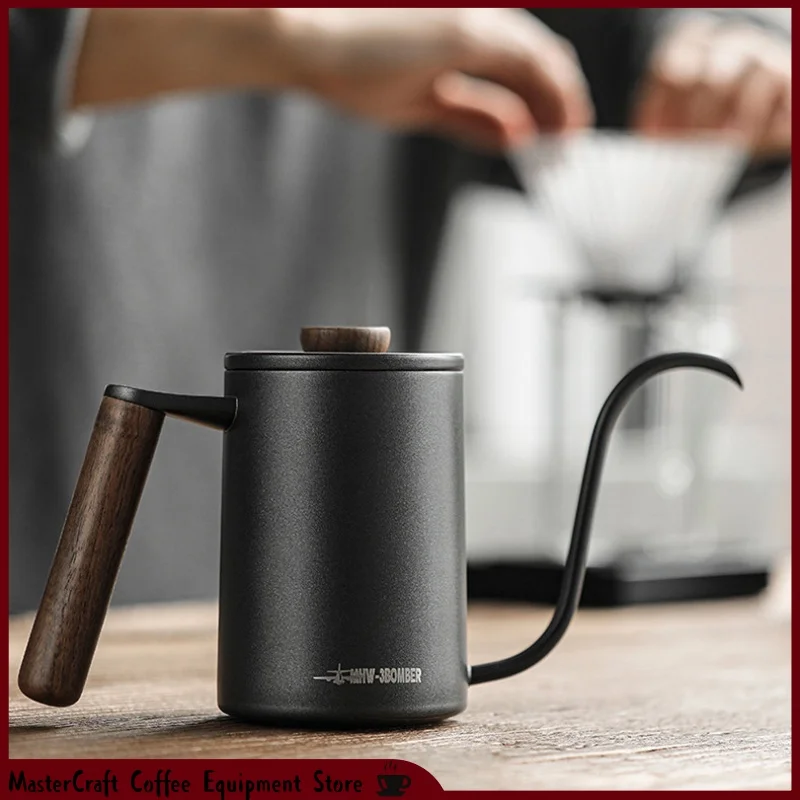 Mhw 3Bomber Planet Pour Over Coffee Kettle Gooseneck Narrow Spout Stainless Steel Wood Handle For Home Cafe Coffee Brewing