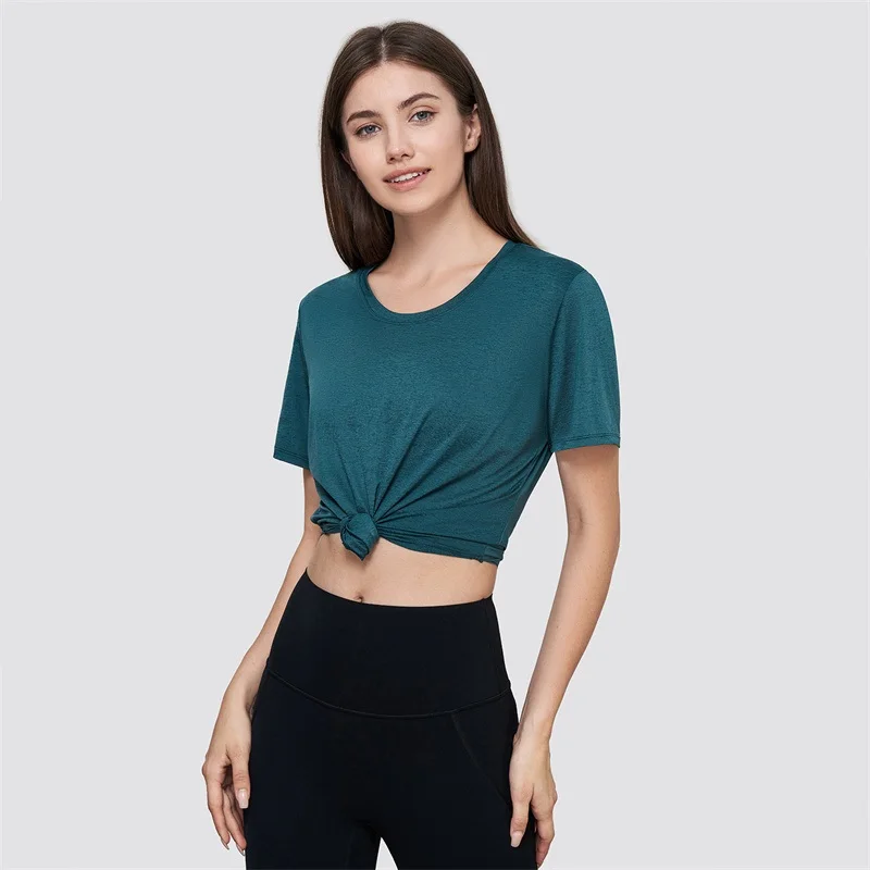 Solid Color Round Neck Women Fitness Yoga Short Sleeve Sport Top T-Shirt Quick Dry Fine Mesh Light Breathable Slit Strap Coverup