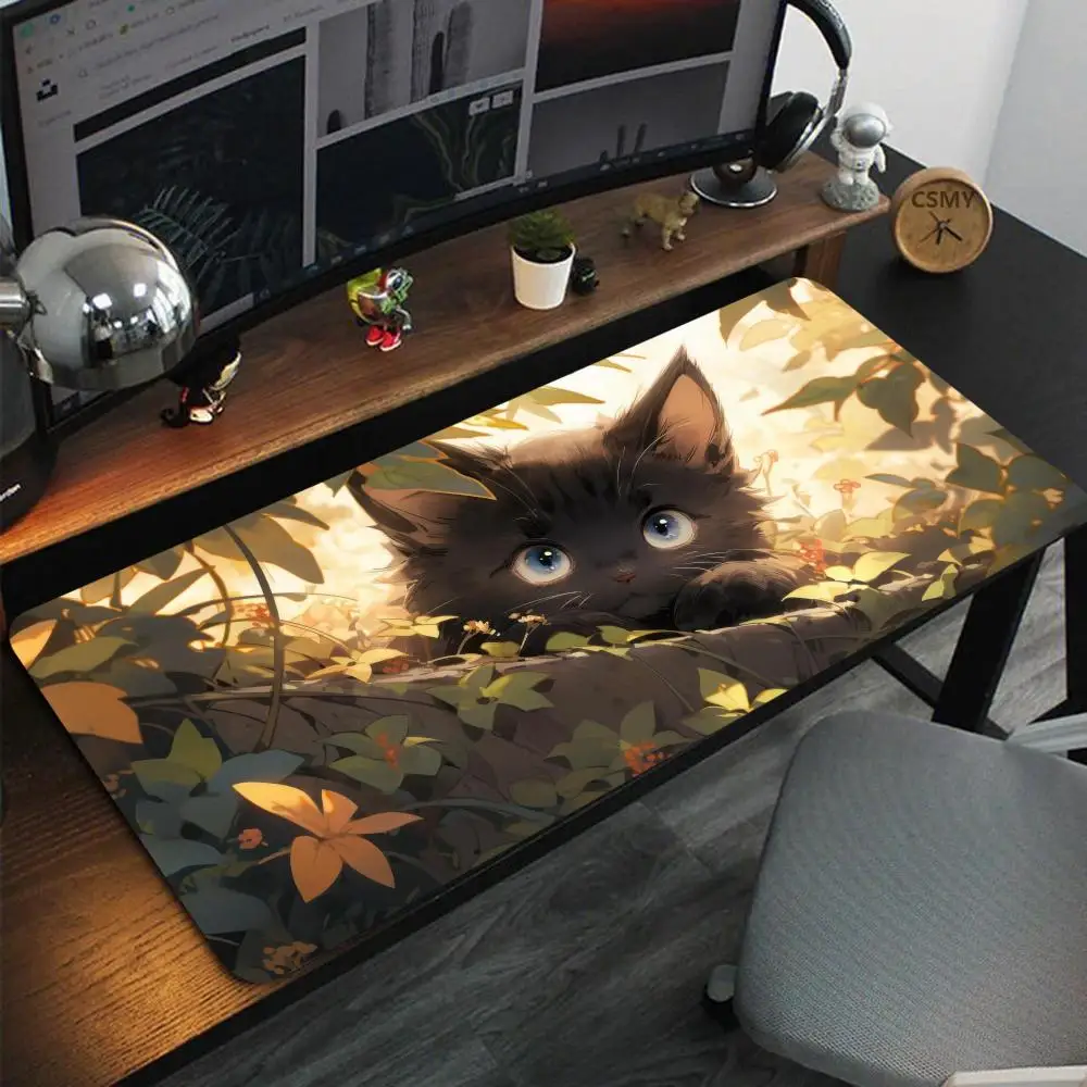 Sunlit Forest Black Kitten Mouse Pad, Adorable Black Cat Hiding Among Autumn Leaves Desk Mat