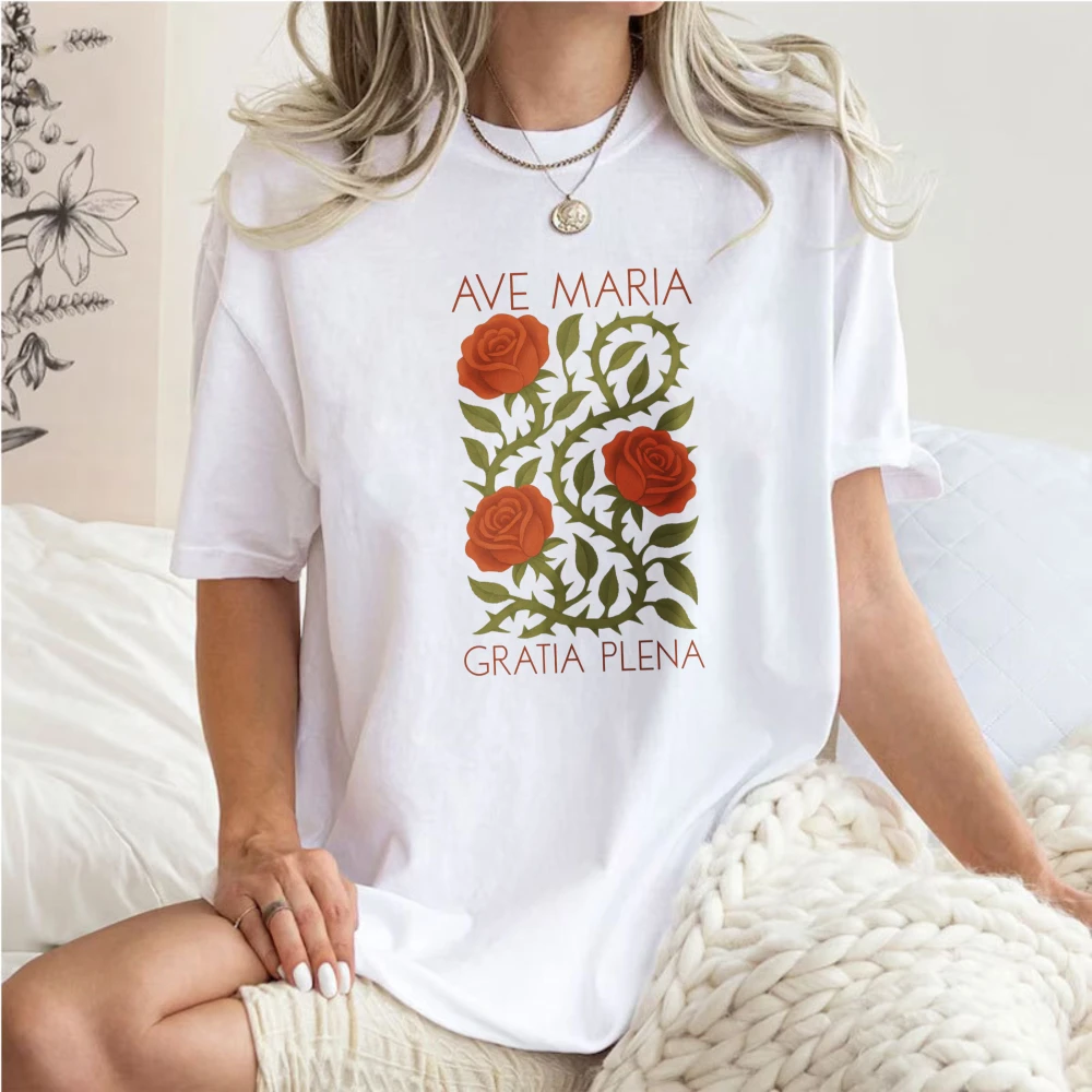 Ave Maria Gratia Plena Thorn Rose Graphic T Shirt Women Vintage Catholic Faith Print Tee Christian Prayer Cotton Unisex Tops
