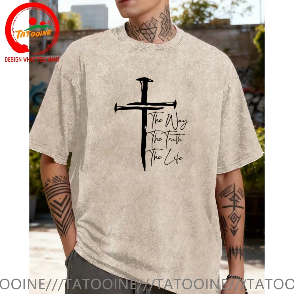 T-shirt vintage en coton délavé, drôle et original, avec motif Jésus, foi chrétienne, le Chemin, la Vérité, la Vie, pour hommes, mode tendance et décontractée