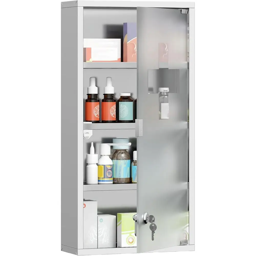 

Silver Stainless Steel Lockable Wall-Mounted Medicine Cabinet with Glass Door, 4 Shelves, 12x24