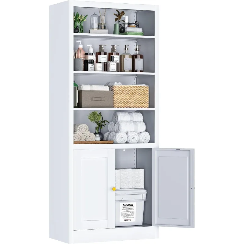 

Высокий шкаф для хранения в ванной комнате, металлические шкафы для ванной комнаты с регулируемыми полками и 2-мя дверцами, отдельно стоящий шкаф для льна