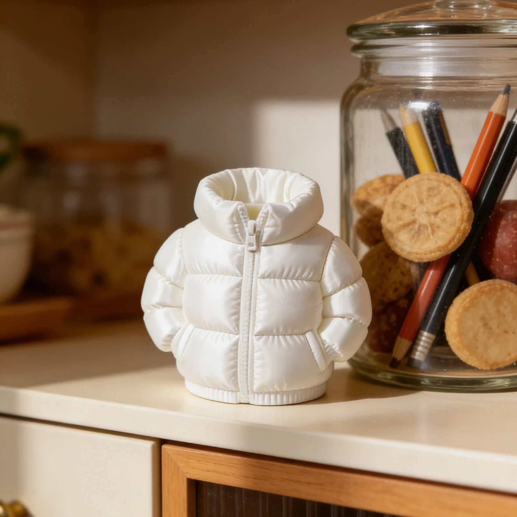 Mini down Jacket-Style Resin Storage Pen Holder Ornament, Entryway Countertop Key Storage Decoration, Living Room Coffee Table Creative Flower Vase Pen Holder, Cream-Style Trendy Home Decor, Bedroom Bedside Table Exquisite Decoration, Rental Home Makeover Desktop Decor Item, High-Value Home Decor and Storage Dual-Purpose Desktop Ornament