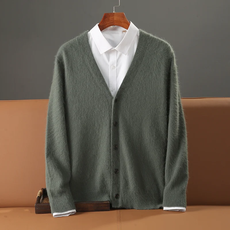 Autumn and Winter New men\'s 100% Mink Cashmere Sweater Knitted V-Neck Jacket Casual Business Long Sleeved Cardigan