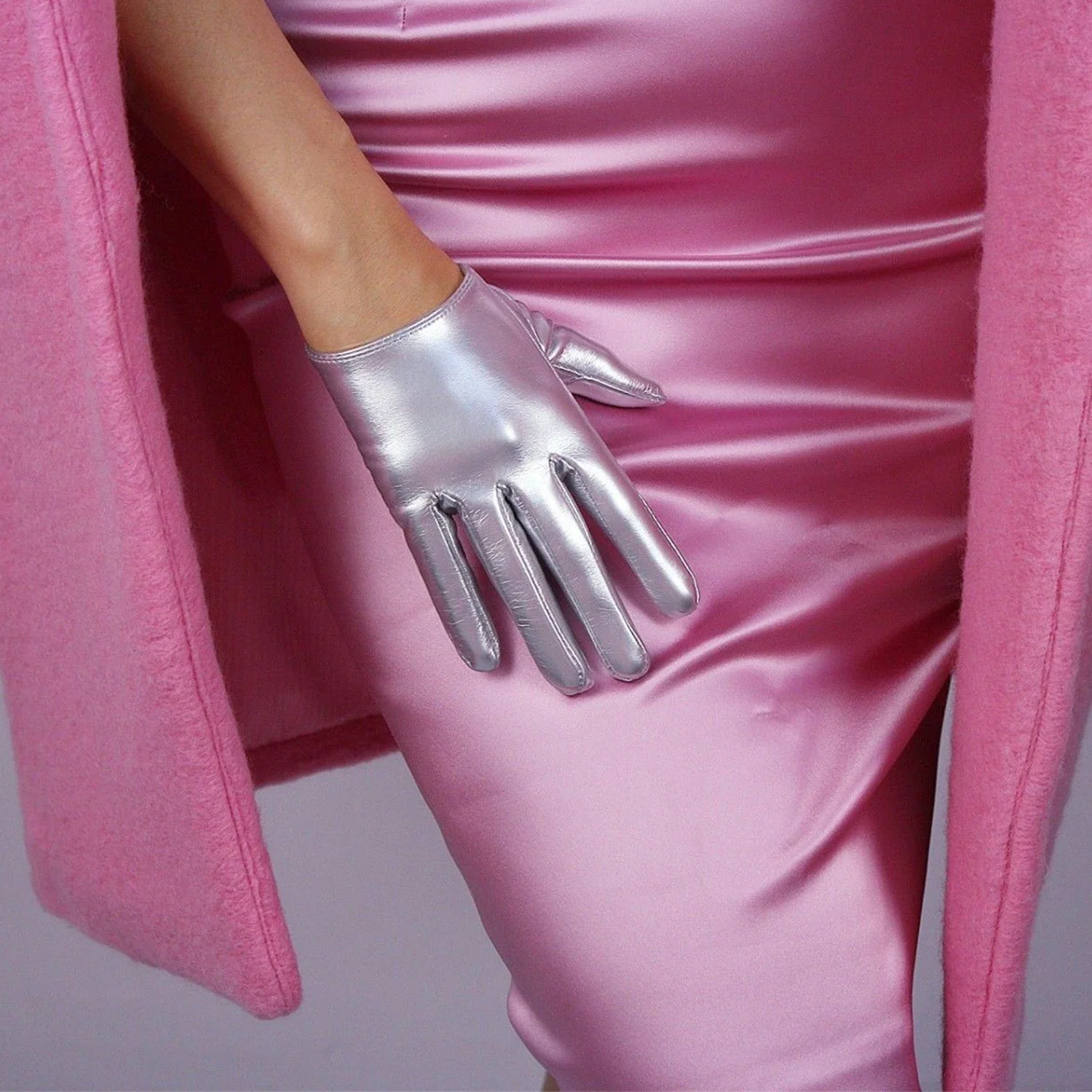 Metallic Silver LATEX GLOVES Shine Faux Patent Leather PU 6