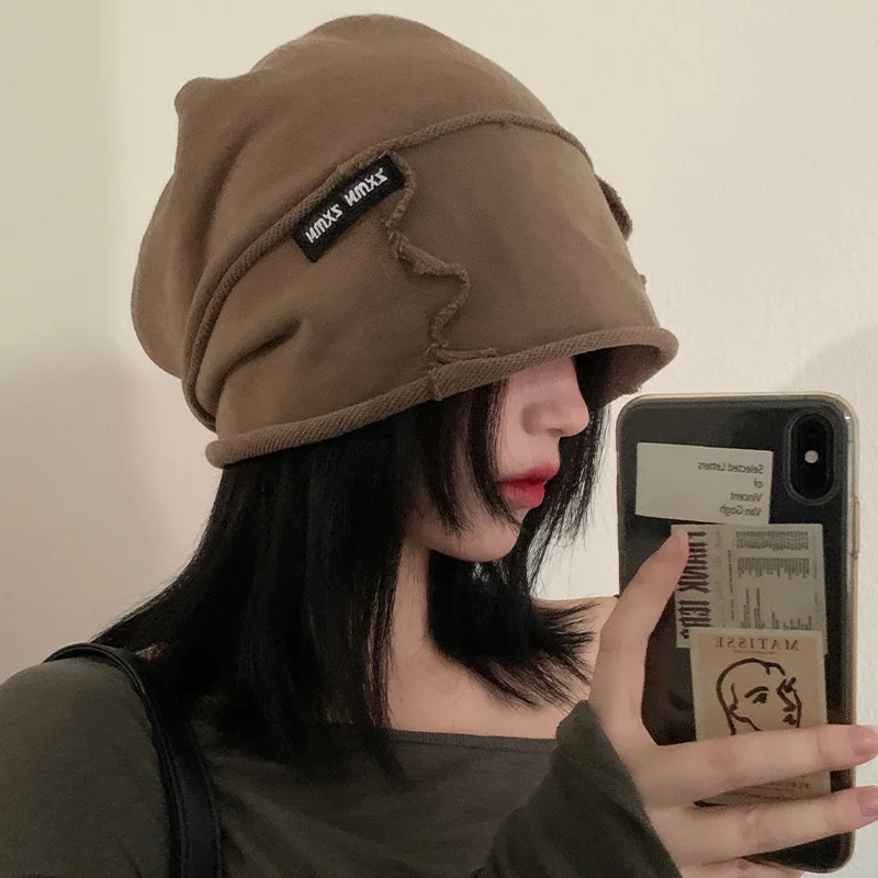 Japanese Simple Curling Heap Hat Women\'s Autumn and Winter Loose Big Head Casual Warm Cover Skull Beanie Hats