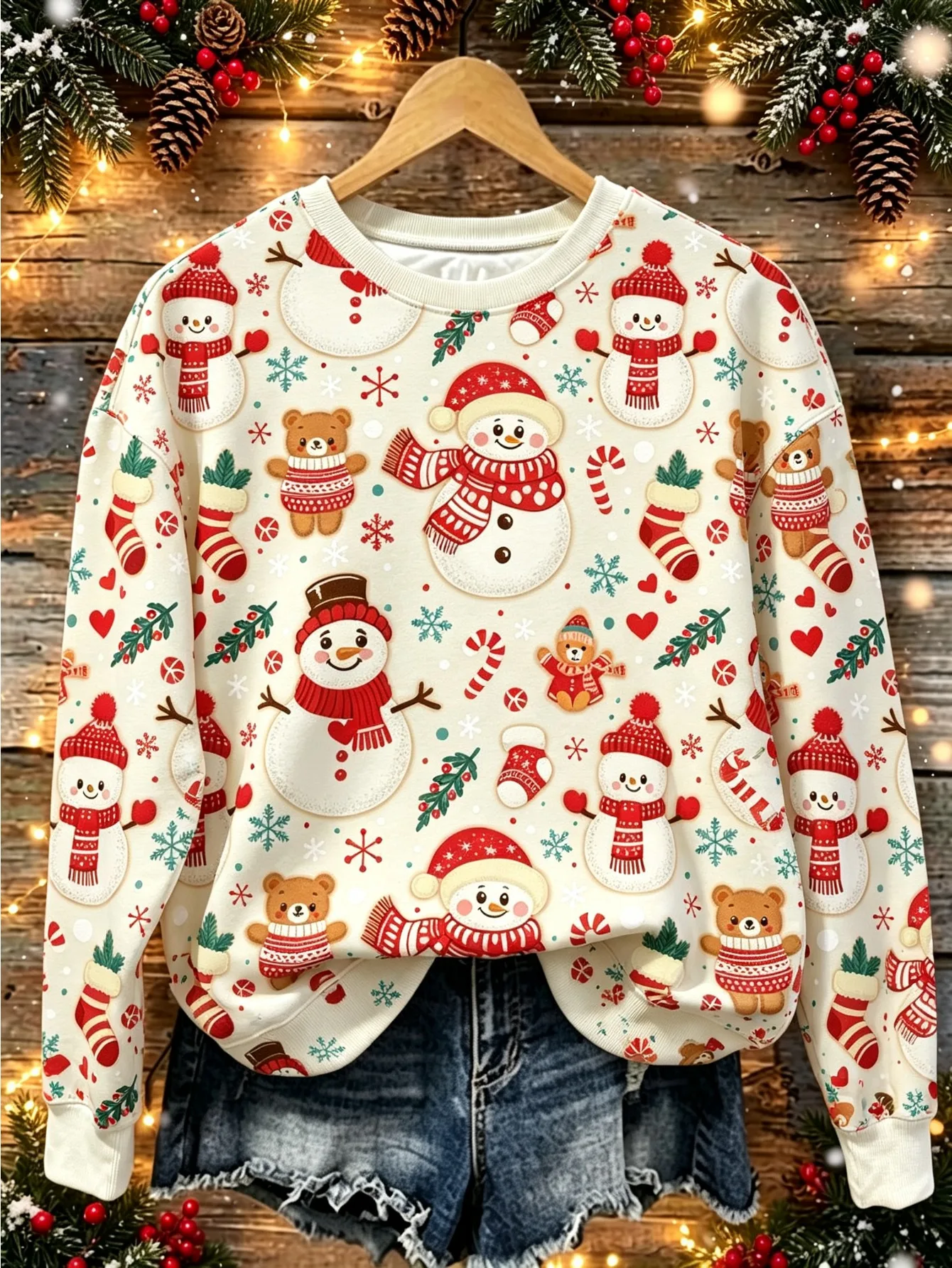 Women Long Sleeve T-shirt Round Neck Cartoon Snowman Bear Christmas Stocking Candy Print Holiday Tops Women's Clothes