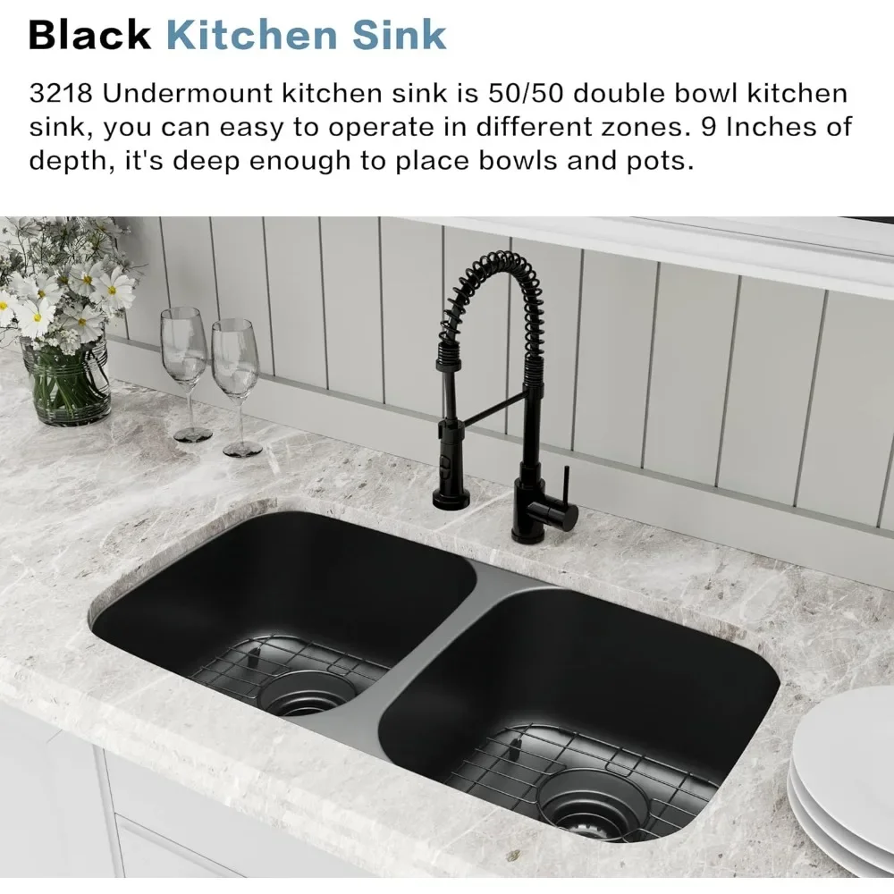 Undermount Kitchen Sink 32” X 18” Household Useful Products 50/50 Double Bowl Stainless Steel Kitchen Sink With Accessories For