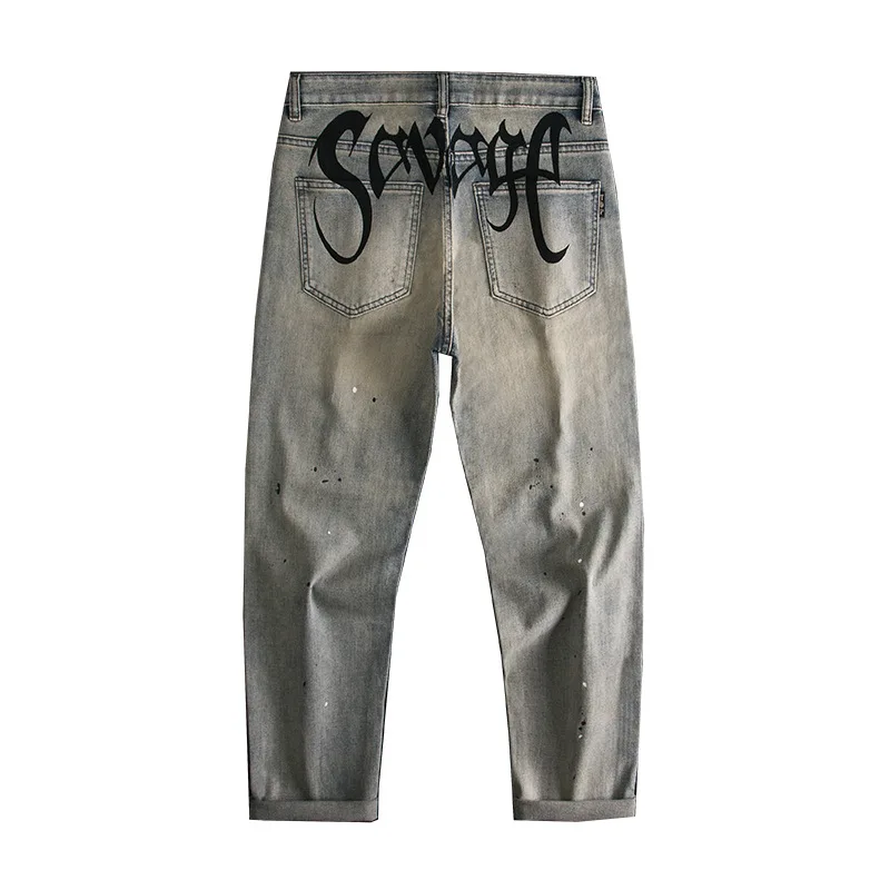 High Street Inkjet Printed Jeans for Men, Straight Stretch, Fashionable, Personalized, Trendy Hip Hop Long Pants