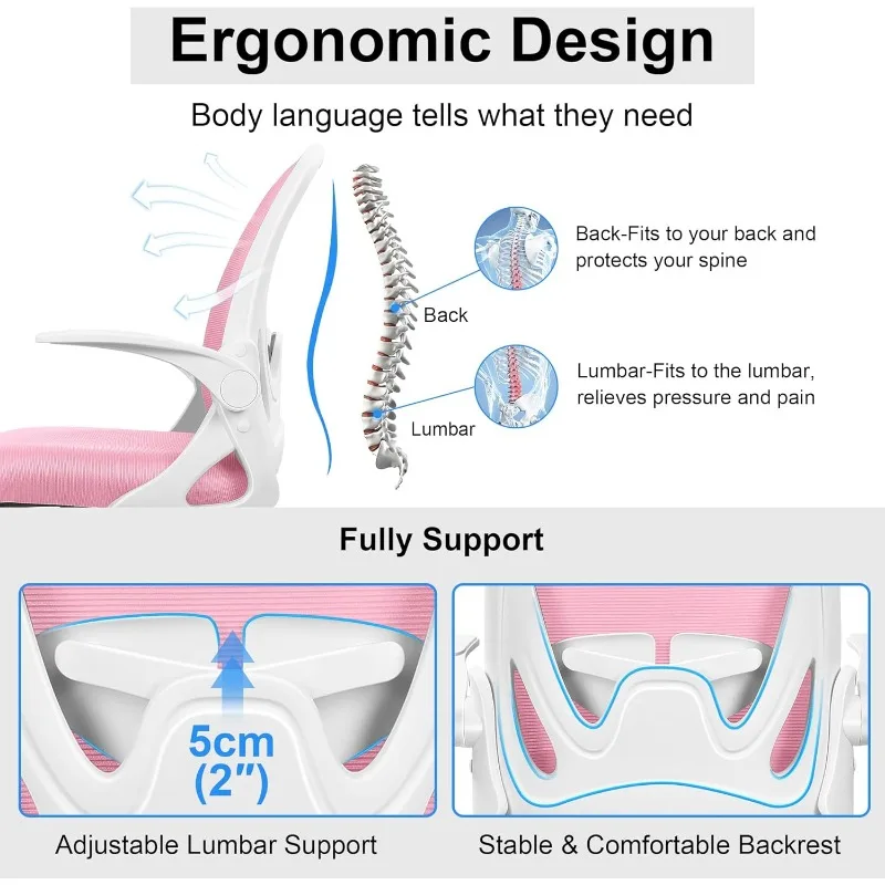 Drafting Chair Tall Office Chair with Flip-up Armrests Executive Ergonomic Computer Standing Desk Chair with Lumbar (Pink)