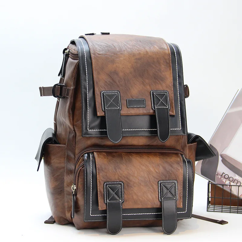 Zaino da viaggio grande da uomo vintage Zaino da viaggio casual per uomo Zaino per laptop universitario in PU di grande capacità Borsa a tracolla per scuola per studenti