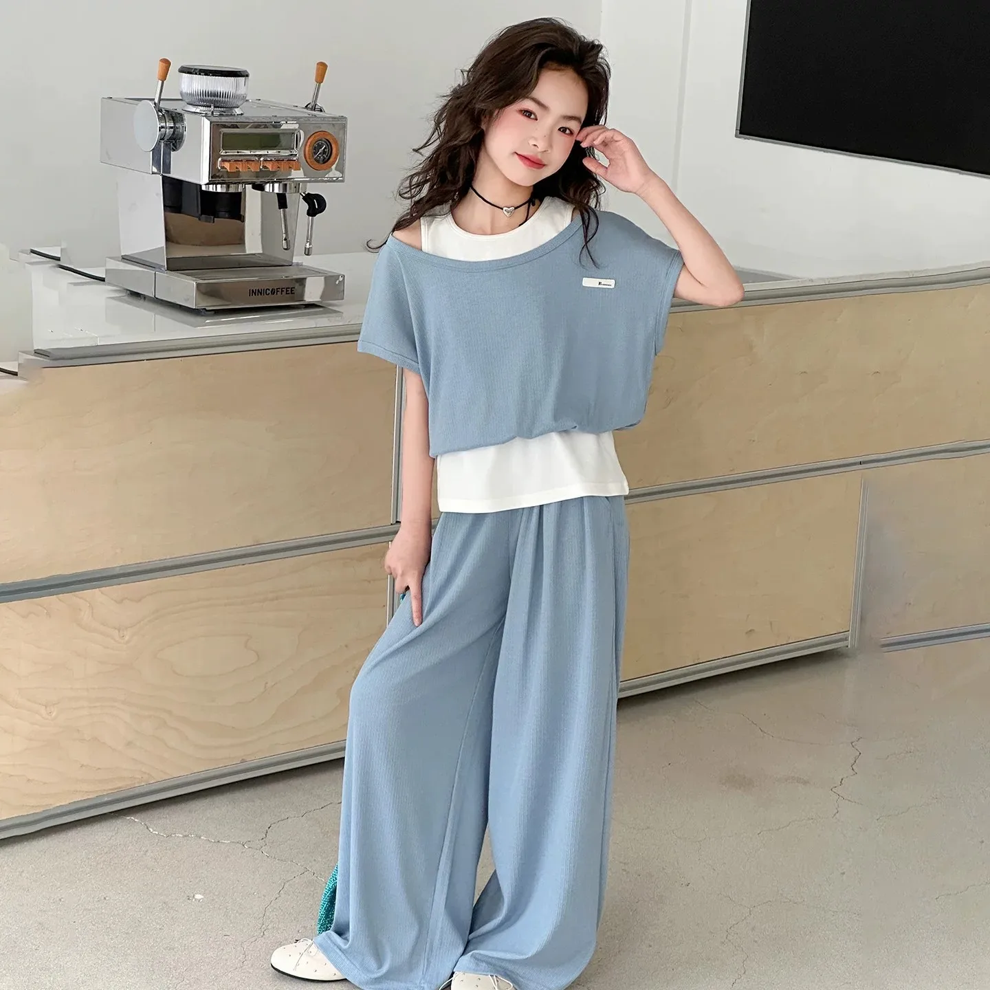Teenager Girls set children batwing Tank crop Top layered t shirt & long Loose Wide-Leg Pants 2-Piece Summer Outfit 4 10 12 year
