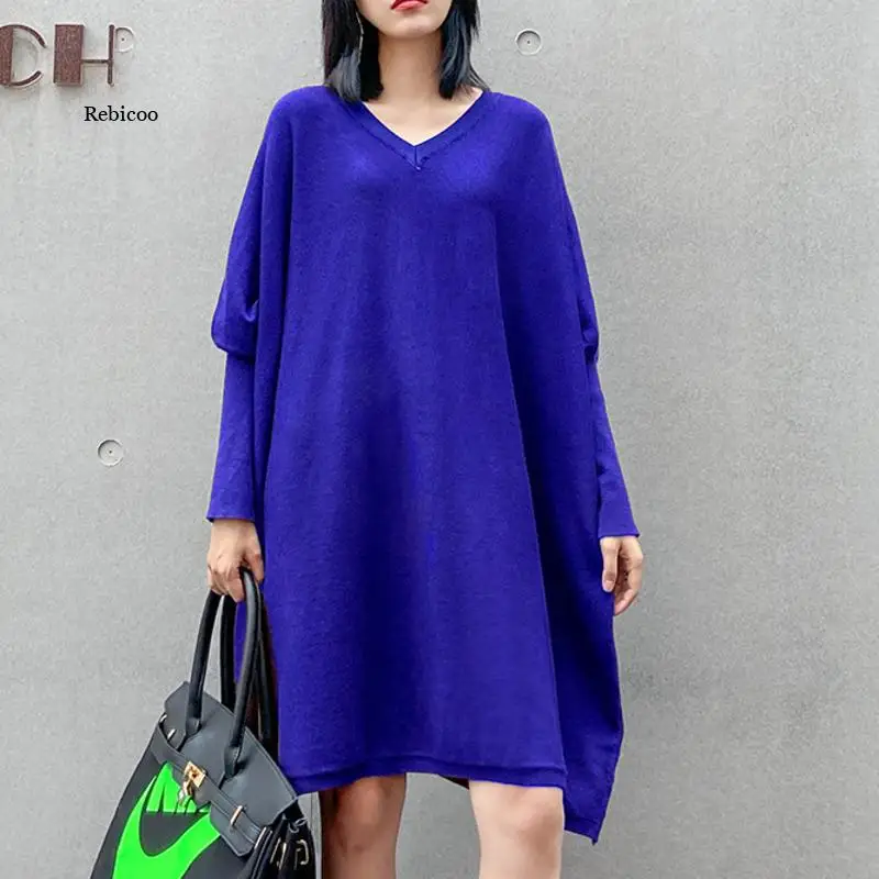 

Women 2022 New Autumn Winter V Neck Knitting Sweater Pullover Fashion Long Sleeve Loose Thin Solid Color Sweaters Dress