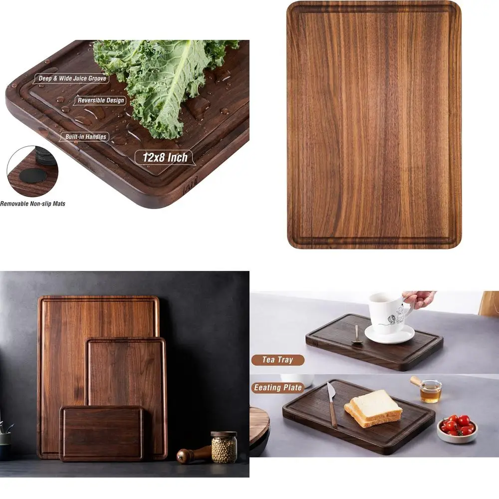 

12x8 Inch Walnut Chopping Board with Deep Groove & Side Handle - Thick Kitchen Cutting Block for Meat & Cheese, Ideal Gift for W