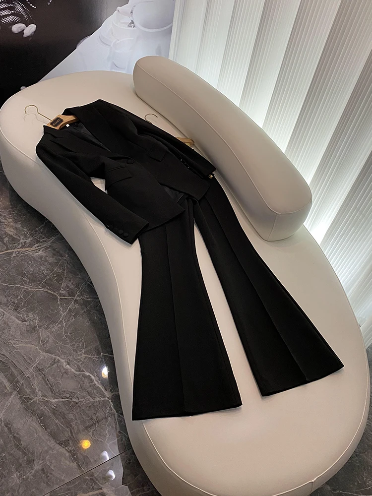 

2023 European Style Lady Office Casual Solid Suit Single Breasted Slim Fitted Blazer Flared Pants Women 2Pcs