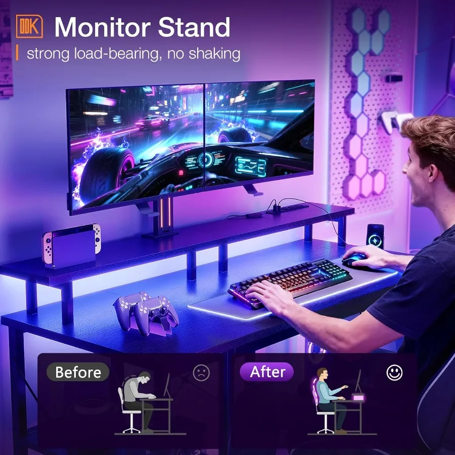 مكتب ألعاب مقاس 48 بوصة مع مكتب كمبيوتر بإضاءة LED مع حامل شاشة وطاولة كمبيوتر مع حامل وحدة المعالجة المركزية باللون الأسود العميق #4