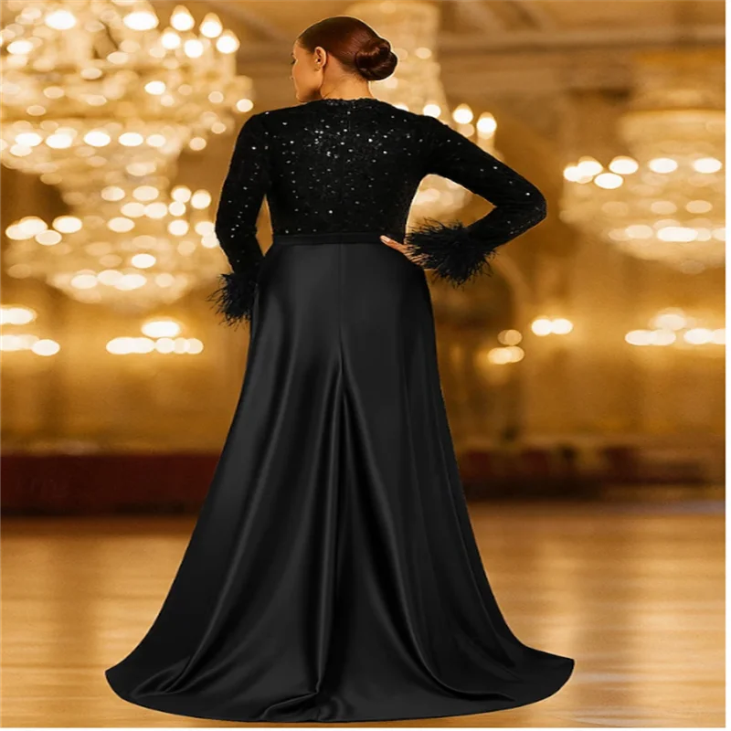 A-Line Floor Length Evening Gown Ball Gown Formal Dress Elegant High Split Silky Long Sleeve Crew Neck Wedding Formal Pocket