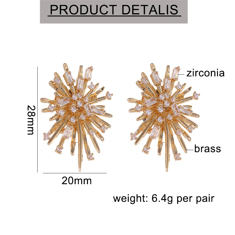 Fashion Korean Personality Firework flowers Clip on Earrings Without Piercing Brass Inlaid Zirconia Earrings for women Jewelry