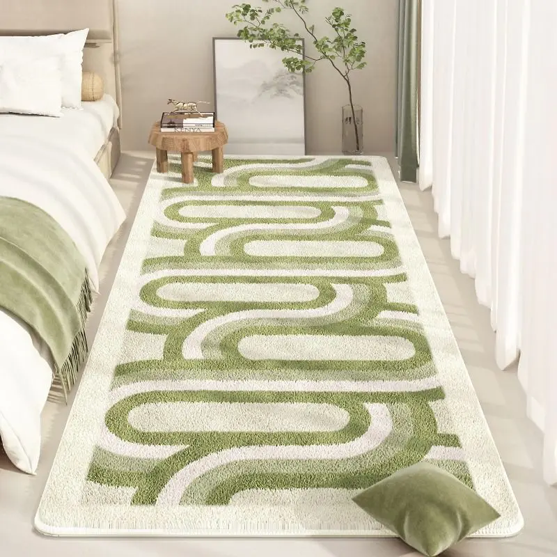 Fluffy Rectangular Bedroom Carpet Soft Bedside Carpet Non-slip Bedroom Area Rug Artificial Wool Short Pile Carpet Green Striped