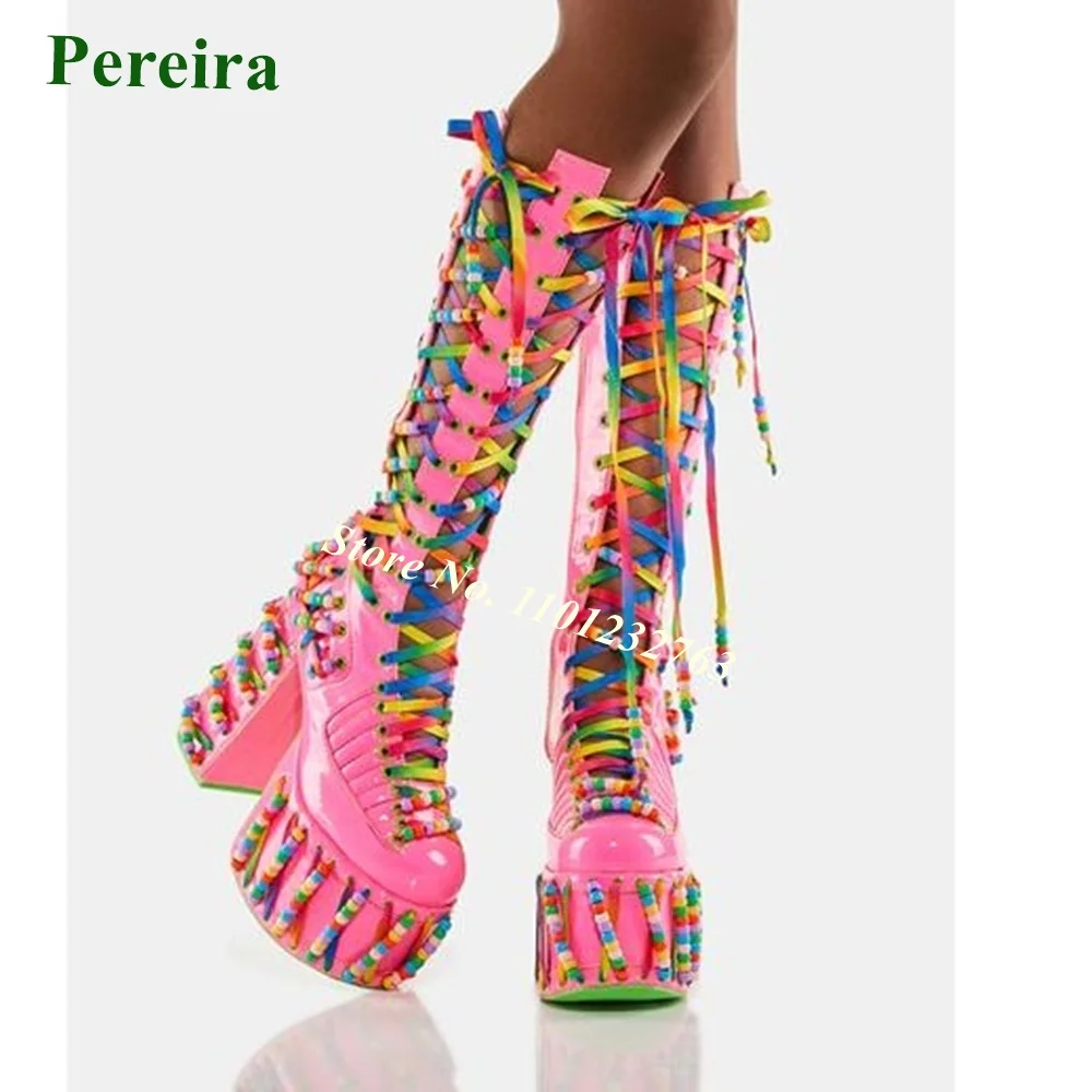 Colorful Lace Up Sandals 2022 New Round Toe Platform Cross Tied Block Heel Women Sandal Boots Gladiator Sweet Girls Knee Sexy