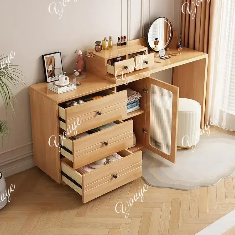 XM Organizer Lights Wood Vanity Table Mirror Glass Nordic House Unique Drawers Dressers Makeup Luxury Corner Coiffeuse Furniture