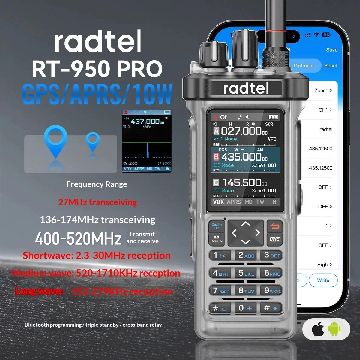 Radtel RT-950 Pro Transparent Walkie Talkie AM/FM Air Band Receiver GPS APRS 10W Bluetooth Ham Radio Two-Way Radio