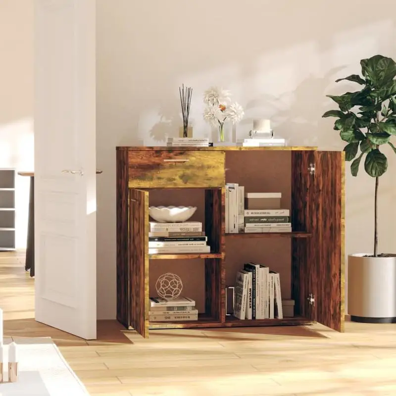 Buffet en chêne fumé 80x36x75 cm en bois d'ingénierie résistant à l'humidité, surface lisse lavable. Agencement modulable tiroir et porte, grand volume de rangement, plateau pour décoration, fixation murale fournie anti-basculement, montage à réaliser.