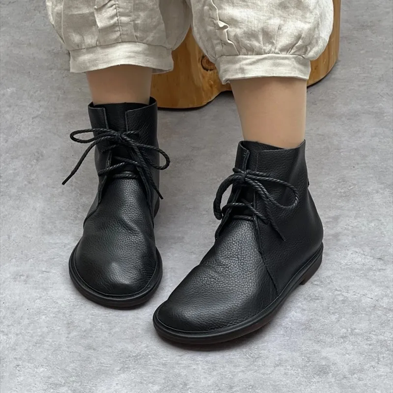 

GKTINOORetro Genuine Leather Short Boots 2025 New Casual Round Toe Versatile Solid Color Women's Soft Cowhide Soft Sole Shoes
