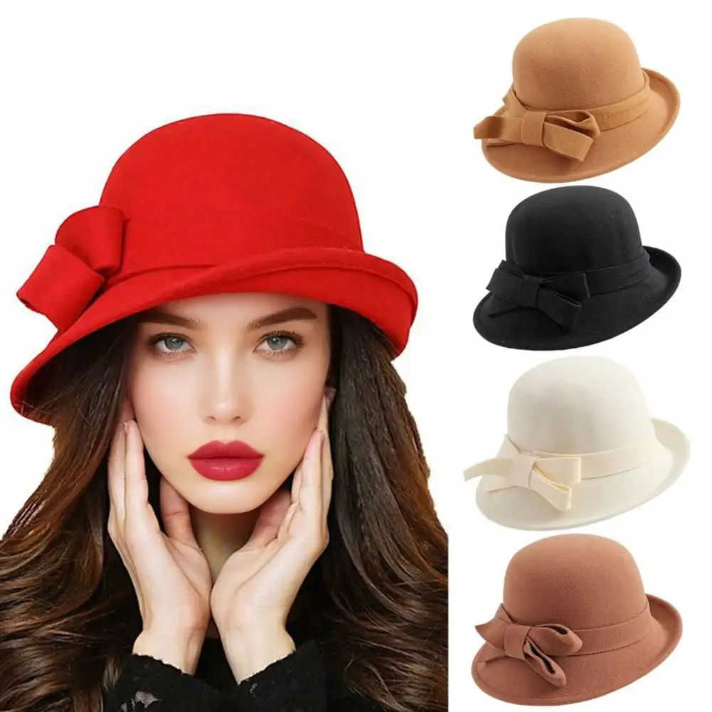 

Elegant Vintage Bowknot Wool Felt Bucket Hat Ladies Hat Autumn Winter Fedoras Women Panama Hat Female Bowler Hats Jazz Cap