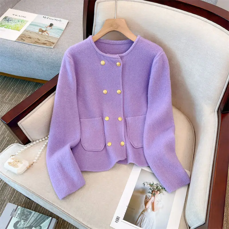 2024 Autumn and Winter All-match Sweaters Socialite Temperament O-Neck Solid Color Loose All-match French Double Breasted Coat