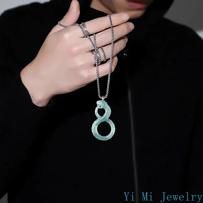 Natural A-goods Jadeite Snake Pendant Black Mamba Memorial Necklace Icy Jade Men and Women Models Fashion Jewelry Pendant