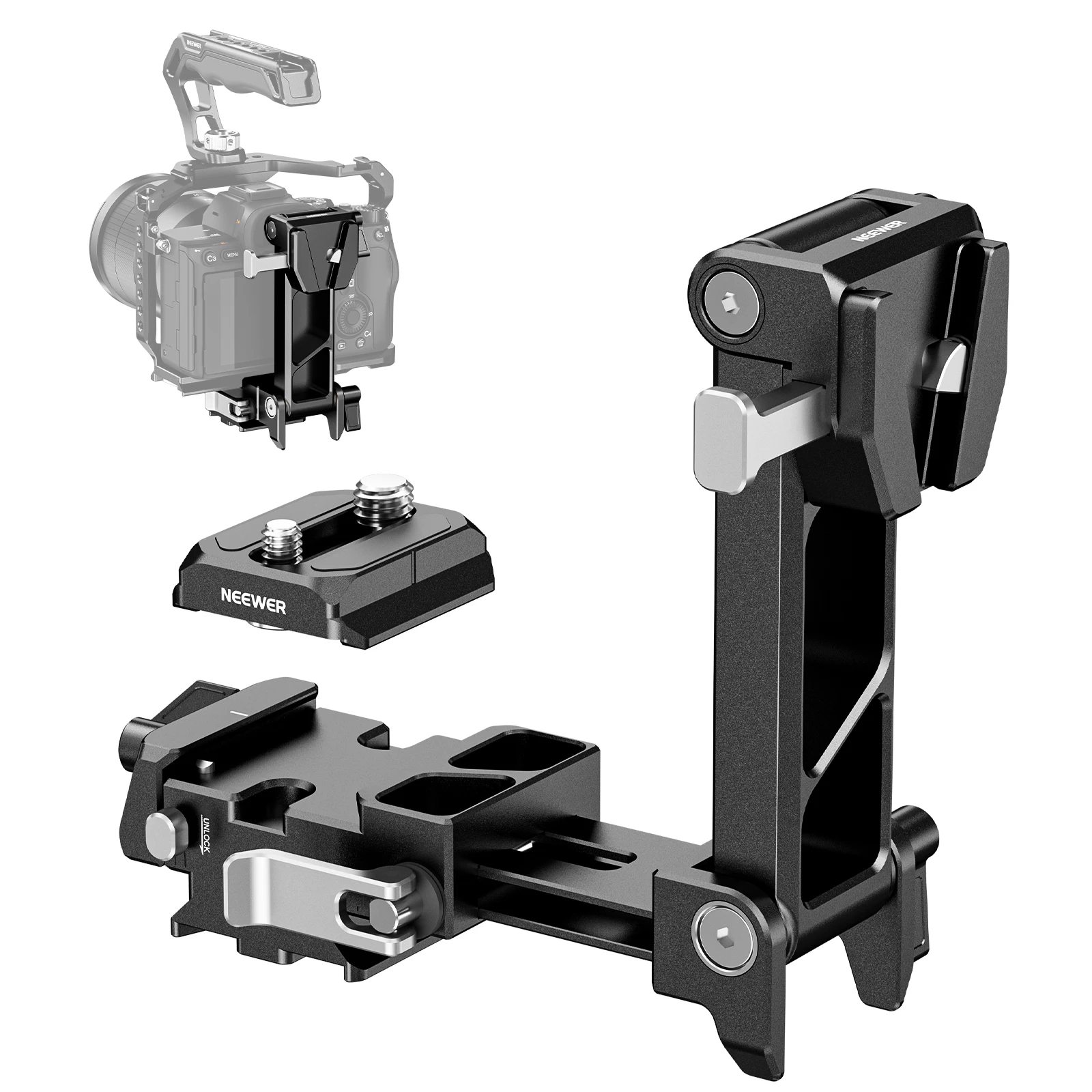 

NEEWER Складная аккумуляторная пластина с V-образным креплением и опорной пластиной Arca для быстросъемной пластины PD DJI RS3 Pro Gimbal и штатив для DSLR-камеры