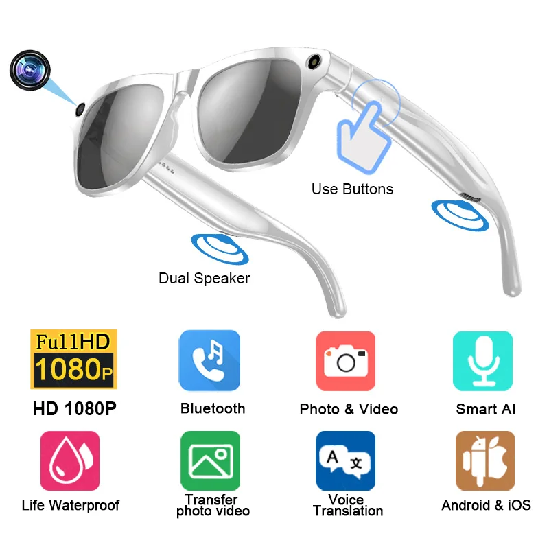 แว่นตาอัจฉริยะ AI 1080 GPT กล้องความละเอียด 100 ล้านพิกเซล มัลติฟังก์ชั่น HD รองรับการสนทนาผ่านบลูทูธ โทรออก รับสาย เสียงเพลง ผู้ช่วยเสียง AI แปลภาษา แว่นตาอัจฉริยะ