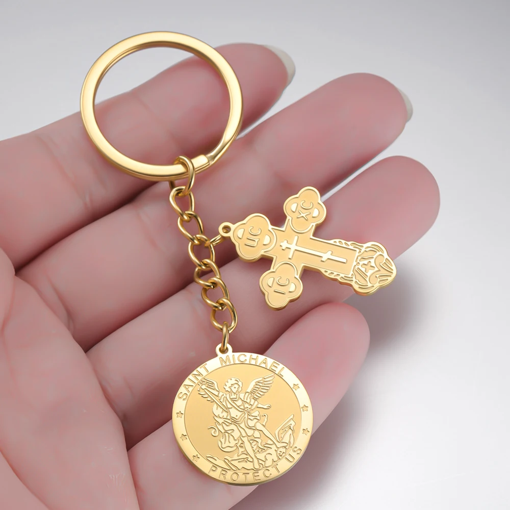 Dawapara Orthodoxes Kreuz und Heiliger Michael Anhänger Schlüsselanhänger Religiöses Gebet Erzengel Christlicher Talisman Edelstahl Schlüsselring – Detail 4