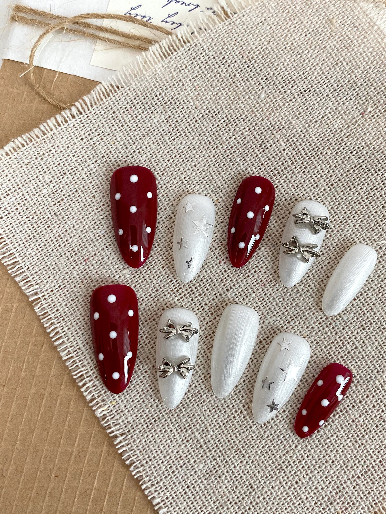 Cute Red Polka Dot Press On Nails, Handcrafted Long Almond False Nails with 3D Silver Bows & Stars, Silk White Finish