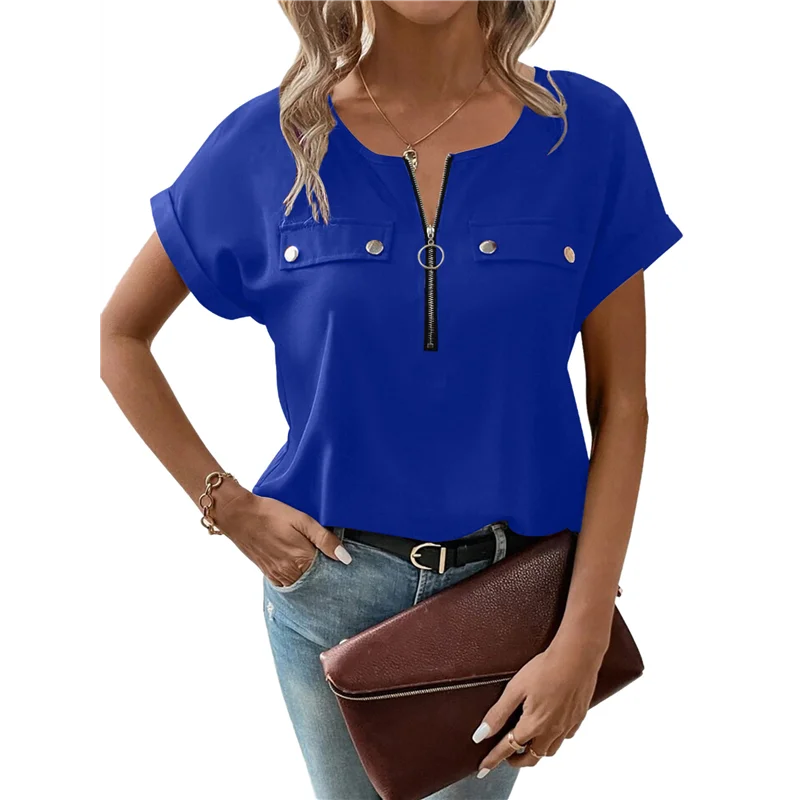 เสื้อเบลาส์ซิปขึ้นผู้หญิง เสื้อซิปแขนสั้นโพลีเอสเตอร์ปุ่มที่เป็นมิตรต่อผิวหนังเพื่อการพักผ่อนสําหรับผู้หญิง