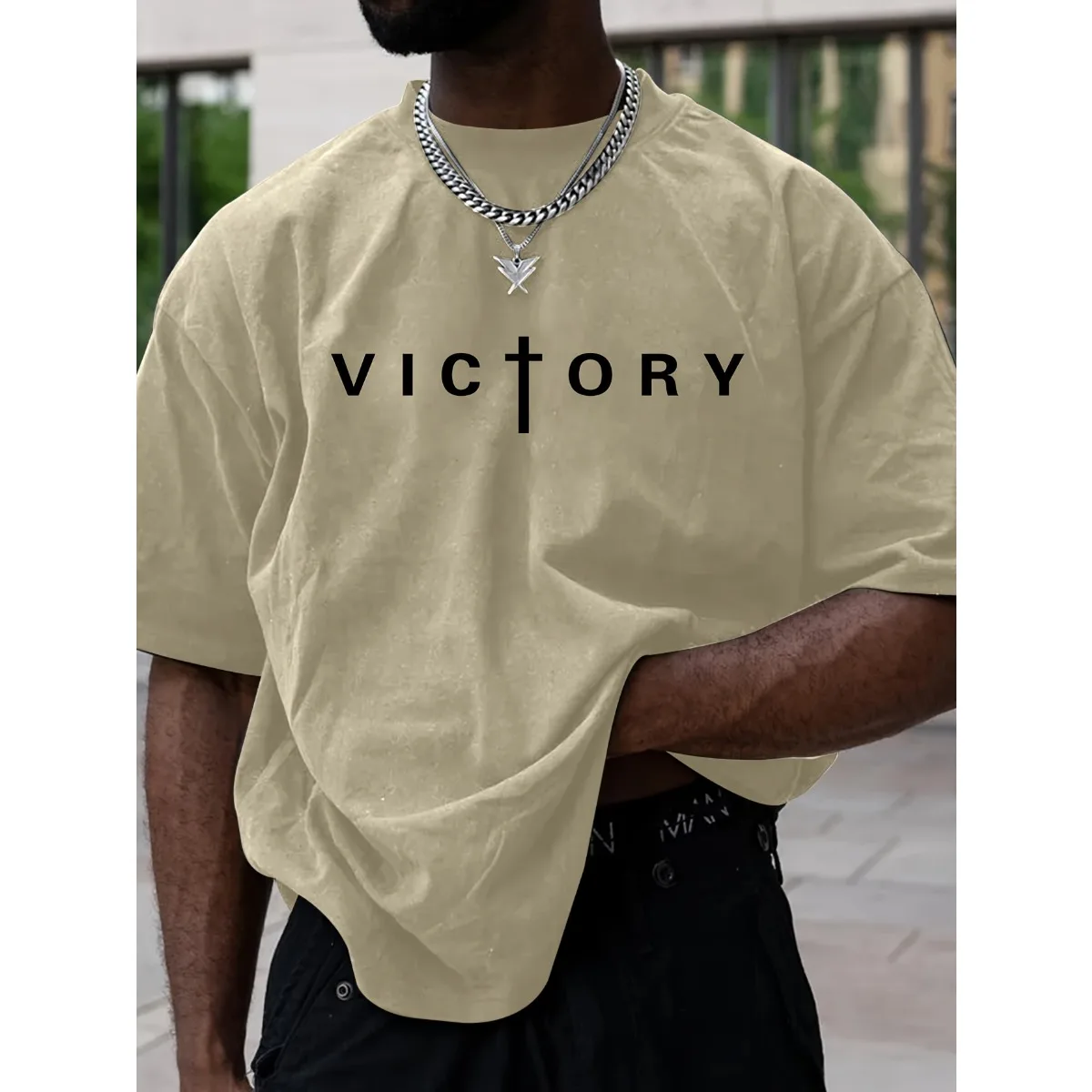 Men's summer fashion VICTORY print sports casual short sleeved cotton T-shirt outdoor casual sports versatile top