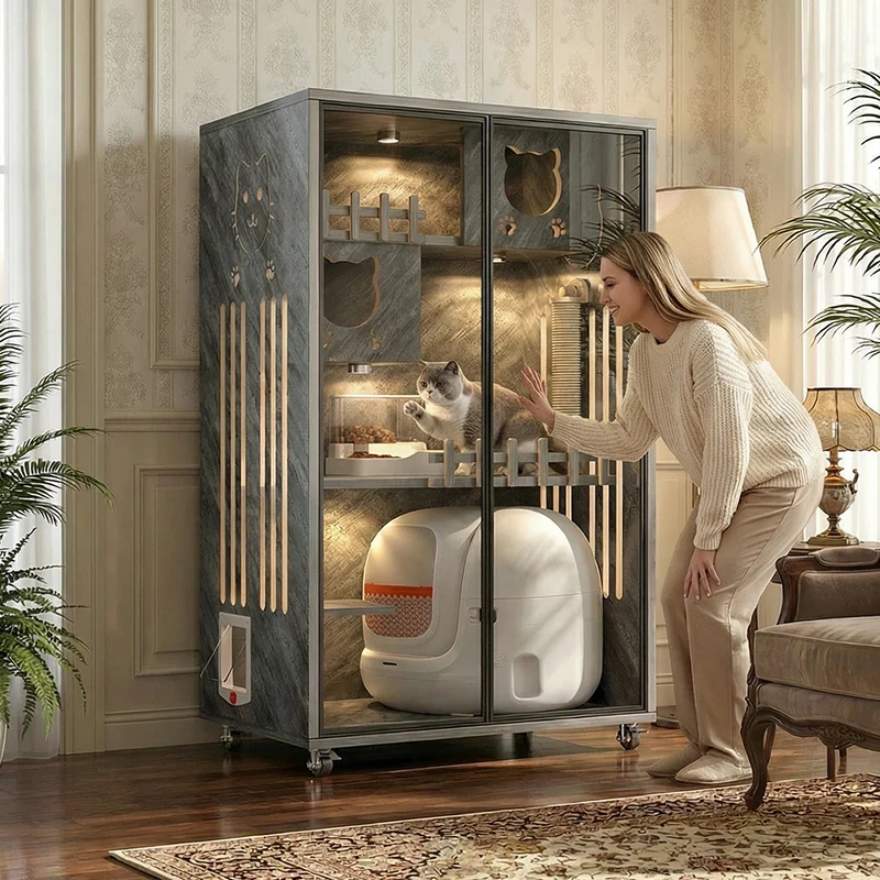Wooden Cat Villa Collapsible Living Room Pet Nest Custom Indoor Cat Cage Condo Spacious Comfortable Cat House Furniture