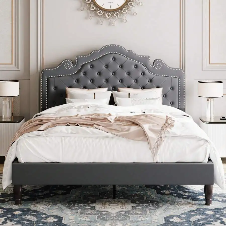 Full/Queen/King Size Velvet Bed Frame With Adjustable Headboard, Wooden Slats Support, Upholstered Diamond Button Tufted And Metal Studs, No Box Spring Needed, Easy Assembly, Grey